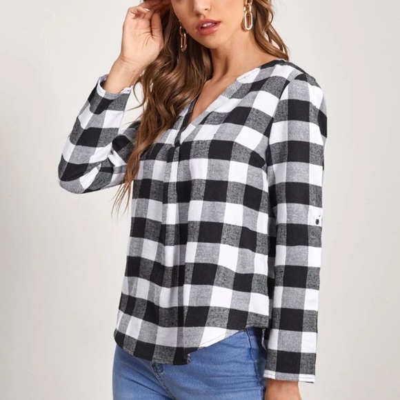 Buffalo plaid notched v neck roll tab long sleeve shirt top red black - Picture 5 of 6